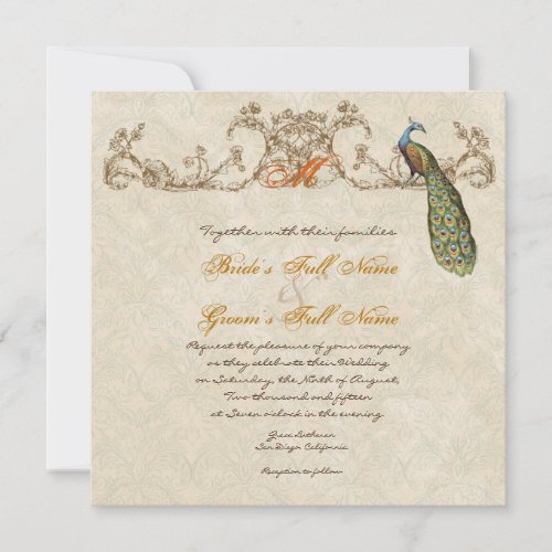 Vintage Peacock  Etchings Burnt Orange Wedding Invitation