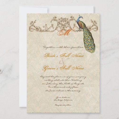 Vintage Peacock  Etchings Burnt Orange Wedding Invitation