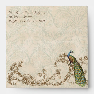 Vintage Peacock & Etchings Orange Wedding Envelope