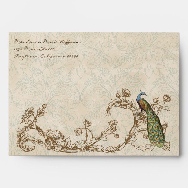Vintage Peacock & Etchings Orange Wedding Envelope (Front)