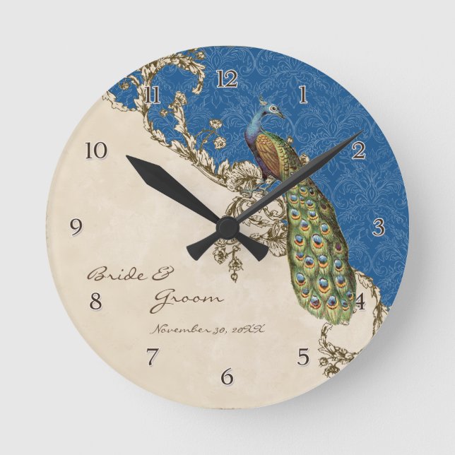 Vintage Peacock & Etchings Personalized Wedding Round Clock (Front)
