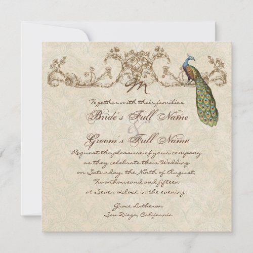 Vintage Peacock  Etchings Wedding Invitation