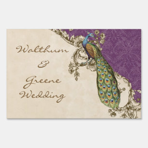 Vintage Peacock & Etchings Wedding Invitation Blue Yard Sign