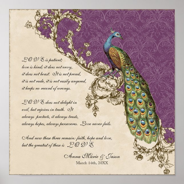 Vintage Peacock & Etchings - Wedding Personalized Poster (Front)