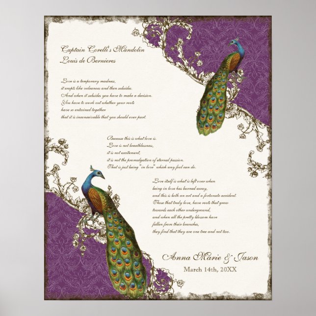 Vintage Peacock & Etchings - Wedding Personalized Poster (Front)