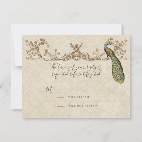 Vintage Peacock  Etchings Wedding RSVP Card