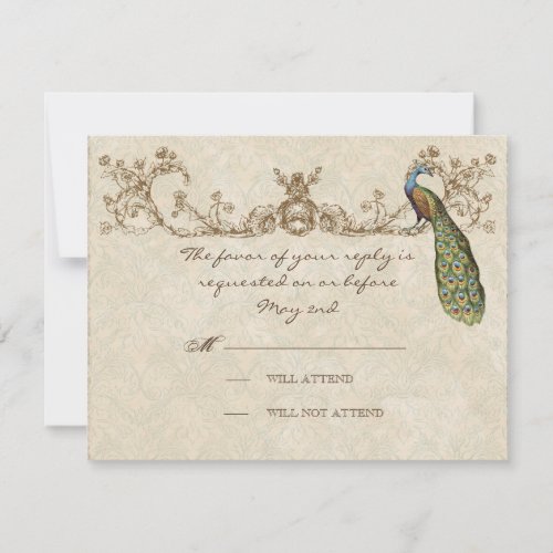 Vintage Peacock  Etchings Wedding RSVP Card