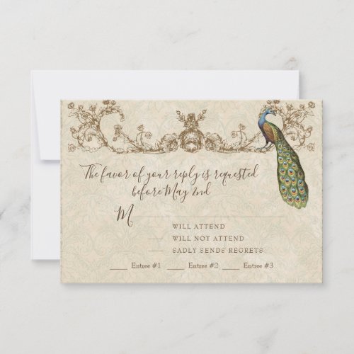 Vintage Peacock  Etchings Wedding RSVP Card