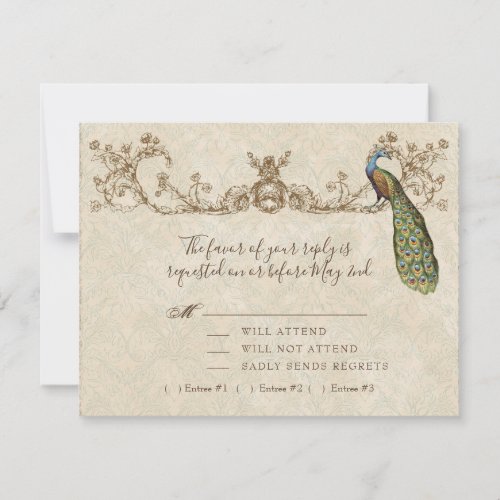 Vintage Peacock &amp; Etchings Wedding RSVP Card