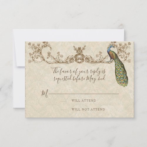 Vintage Peacock  Etchings Wedding RSVP Card