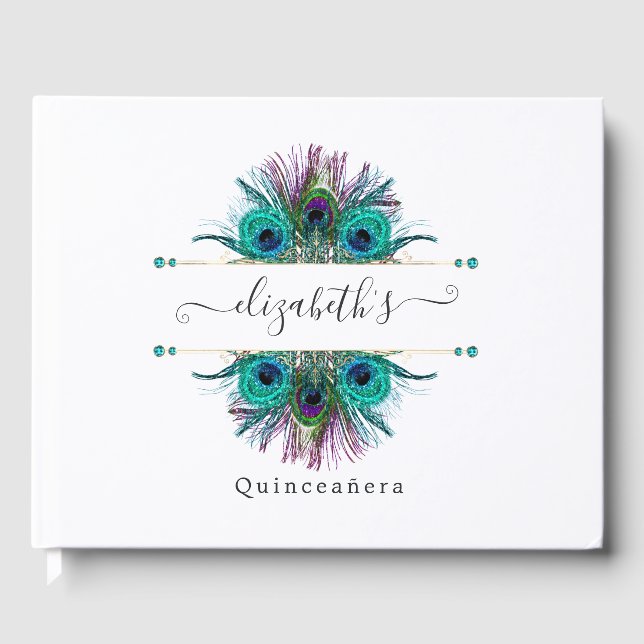 Vintage Peacock Fantasy Quinceañera Guest Book (Front)