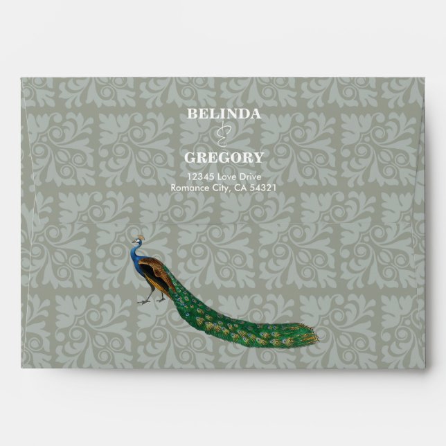 Vintage Peacock Feather 5x7 Wedding Invitation Envelope (Back (Top Flap))