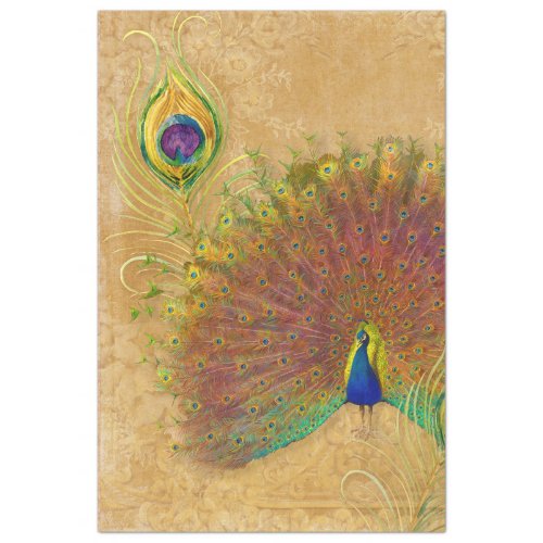 Vintage Peacock Feather Blue Gold Floral Damask Tissue Paper