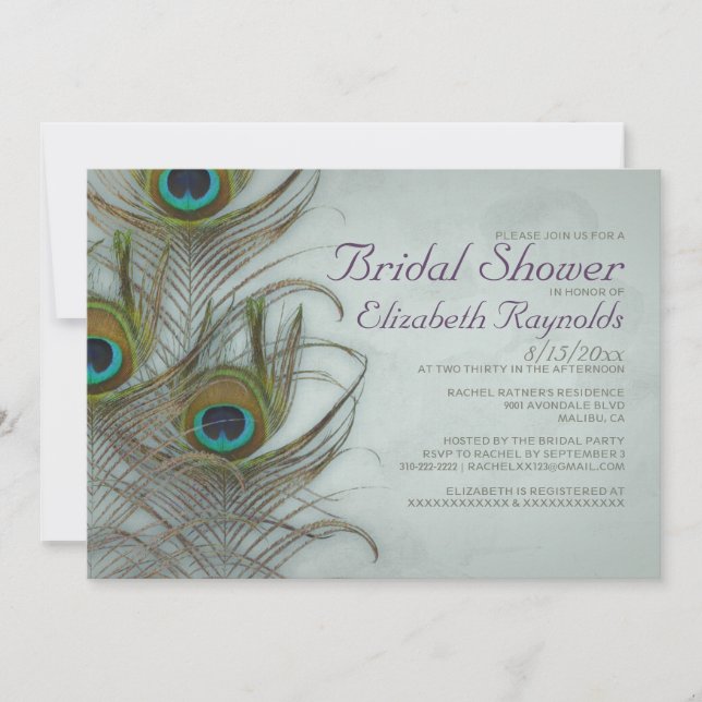Vintage Peacock Feather Bridal Shower Invitations (Front)