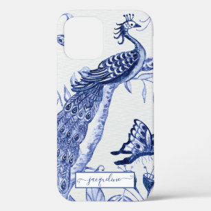 Vintage Peacock Feather Chinoiserie Blue and White iPhone 12 Case