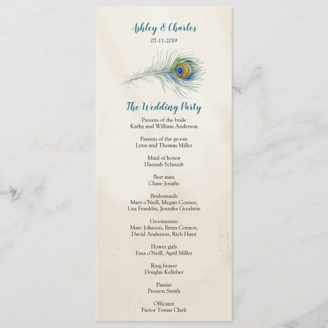 Vintage Peacock Feather Elagant Teal Wedding Program (Front)