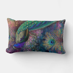 Vintage Peacock Feather Floral Gold Pink Glitter Lumbar Pillow