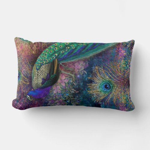 Vintage Peacock Feather Floral Gold Pink Glitter  Lumbar Pillow