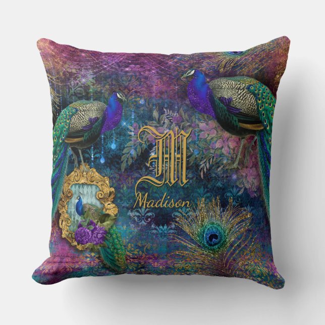 Vintage Peacock Feather Glitter Monogram Name Throw Pillow (Front)