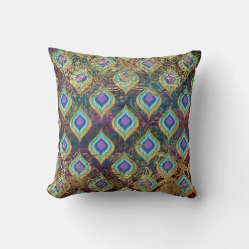 Vintage Peacock Feather Gold Foil Scrollwork IKAT Throw Pillow