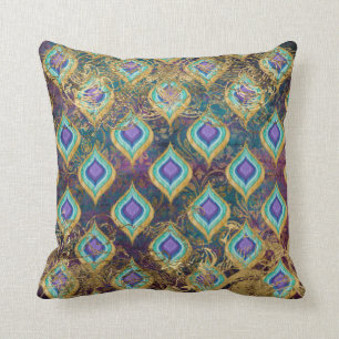Vintage Peacock Feather Gold Foil Scrollwork IKAT Throw Pillow