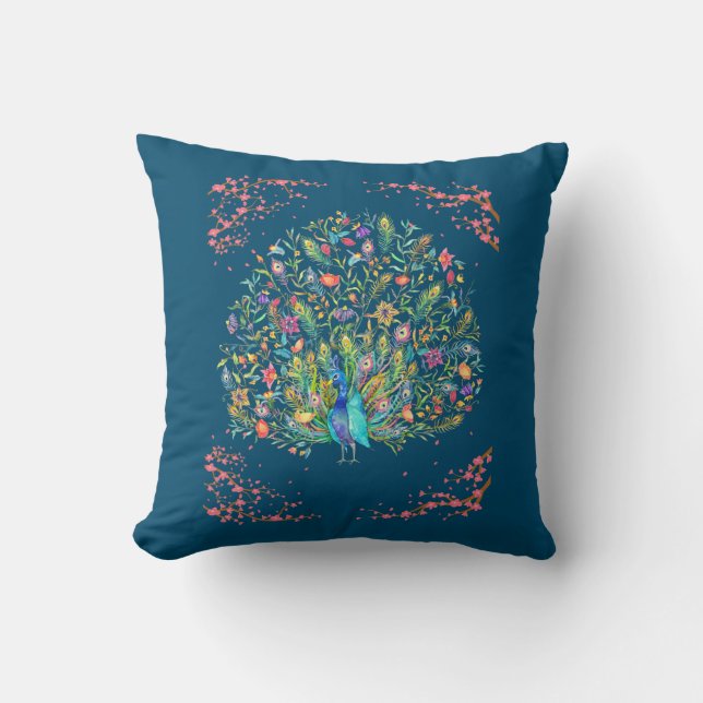 Vintage Peacock Feather Peacock Japanese Bird Throw Pillow (Front)