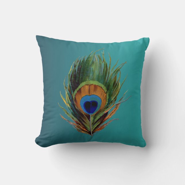 Vintage Peacock Feather Throw Pillow (Front)