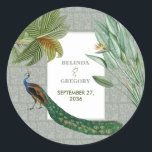 Vintage Peacock Feather Tropical Greenery Wedding  Classic Round Sticker<br><div class="desc">A vintage peacock bird design with tropical greenery and damask pattern background. This design is ideal for all seasons. An elegant watercolor design in a contemporary theme. A classy wedding stickers with glorious peacock feathers and modern elements. Matching wedding invitations and other stationery items are also available.</div>