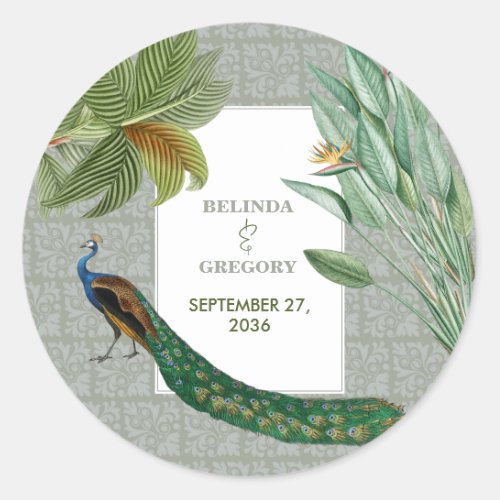Vintage Peacock Feather Tropical Greenery Wedding  Classic Round Sticker