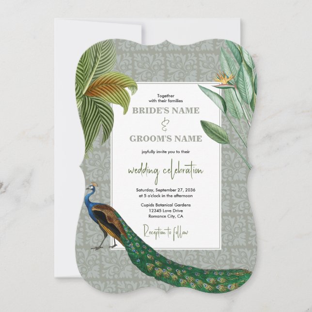 Vintage Peacock Feather Tropical Greenery Wedding Invitation (Front)