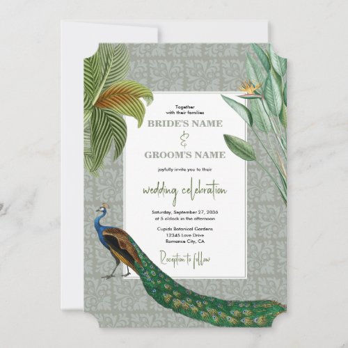 Vintage Peacock Feather Tropical Greenery Wedding Invitation