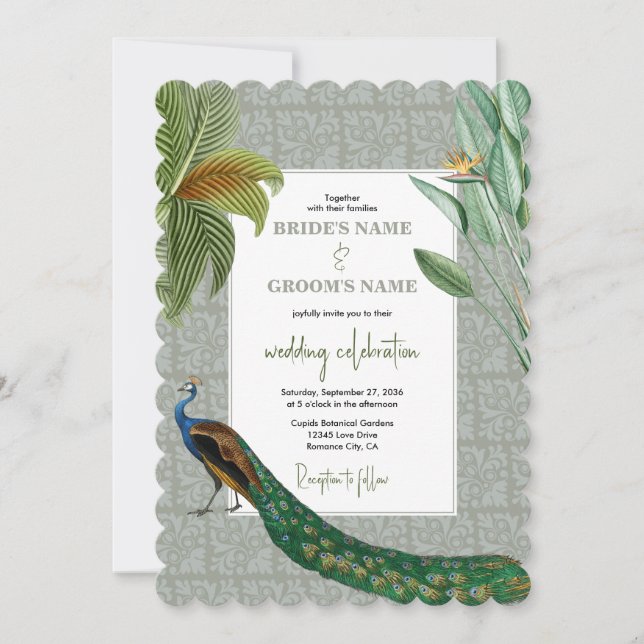 Vintage Peacock Feather Tropical Greenery Wedding Invitation (Front)