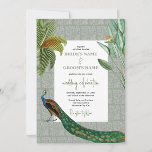 Vintage Peacock Feather Tropical Greenery Wedding Invitation