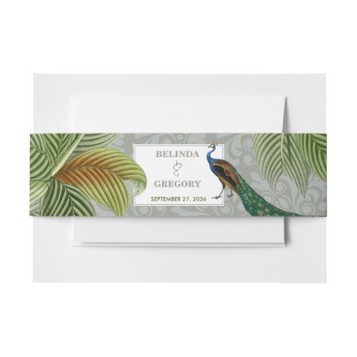 Vintage Peacock Feather Tropical Greenery Wedding Invitation Belly Band
