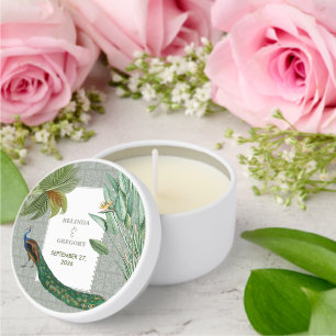 Vintage Peacock Feather Tropical Greenery Wedding Mini Candle Favors