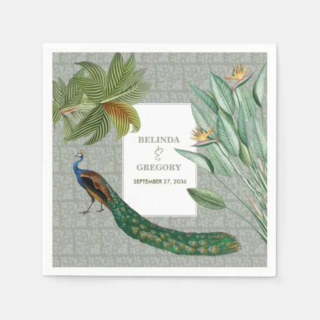 Vintage Peacock Feather Tropical Greenery Wedding  Napkins (Front)