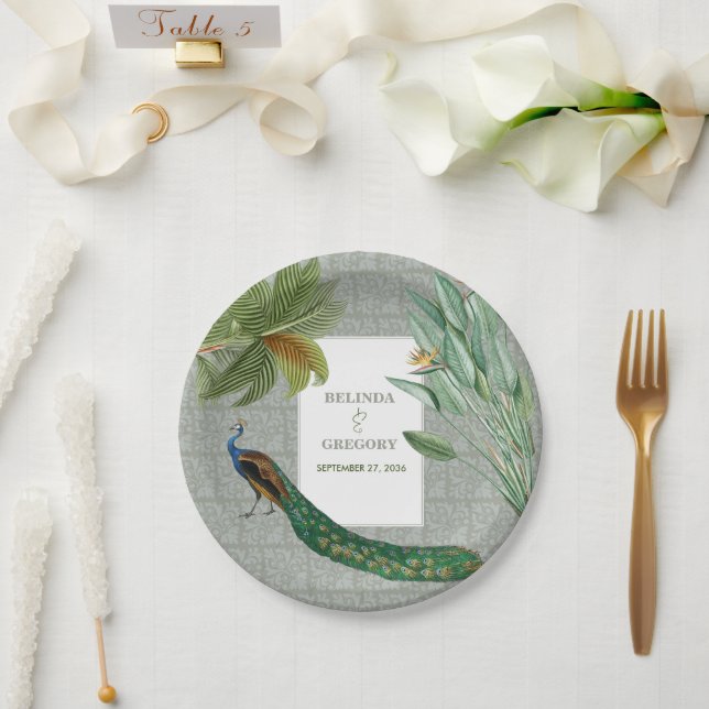 Vintage Peacock Feather Tropical Greenery Wedding Paper Plates (Wedding)
