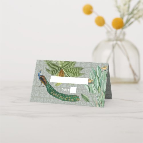Vintage Peacock Feather Tropical Greenery Wedding Place Card