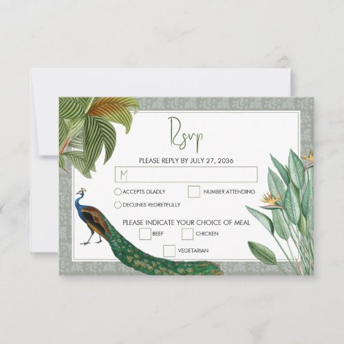 Vintage Peacock Feather Tropical Greenery Wedding  RSVP Card