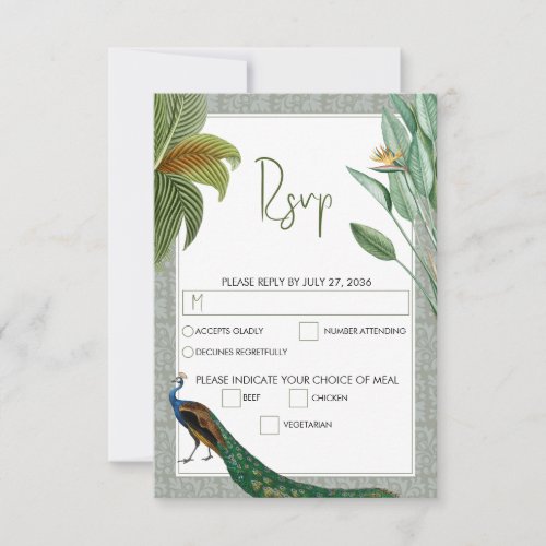 Vintage Peacock Feather Tropical Greenery Wedding  RSVP Card