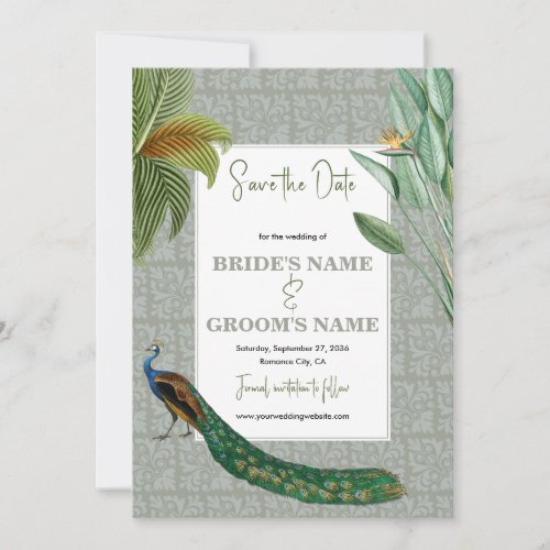 Vintage Peacock Feather Tropical Greenery Wedding  Save The Date