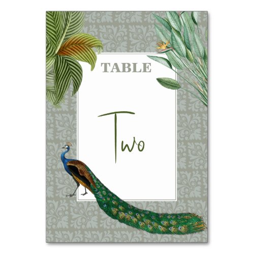Vintage Peacock Feather Tropical Greenery Wedding Table Number