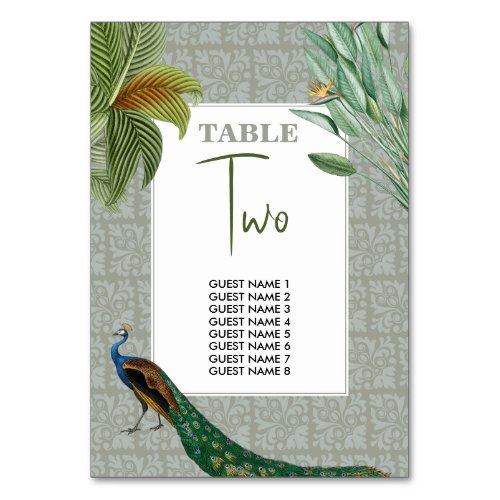 Vintage Peacock Feather Tropical Greenery Wedding  Table Number