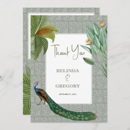 Vintage Peacock Feather Tropical Greenery Wedding Thank You Card