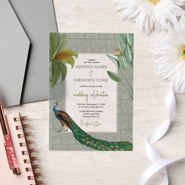 Vintage Peacock Feather Tropical Greenery Wedding Vellum Invitations (Wedding)