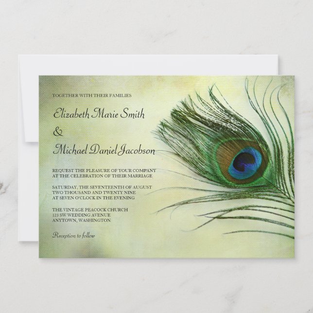 Vintage Peacock Feather Wedding Invitations (Front)