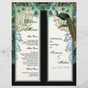Vintage Peacock, Feathers, 2 up, Dinner Menu Sheet