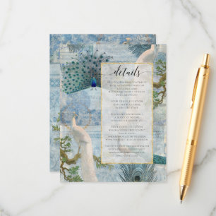 Vintage Peacock Feathers Blue White Script Details Enclosure Card