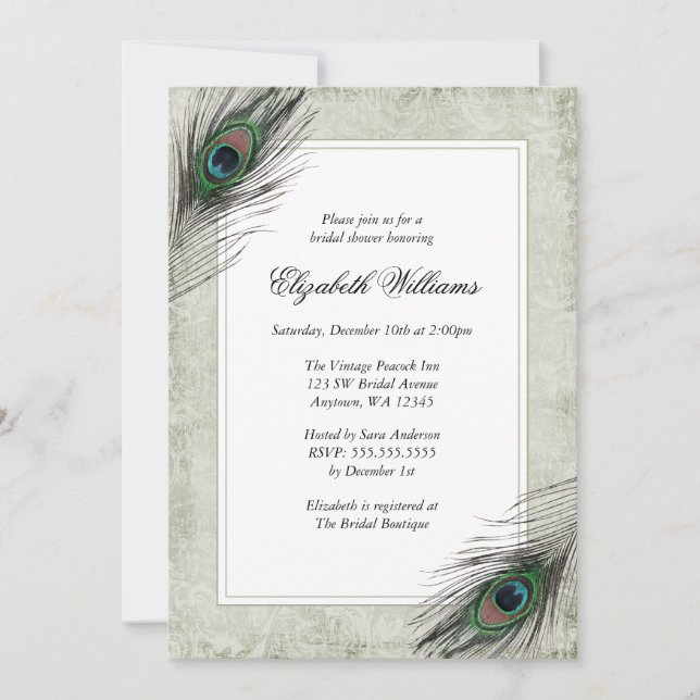 Vintage Peacock Feathers Bridal Shower Invitations (Front)