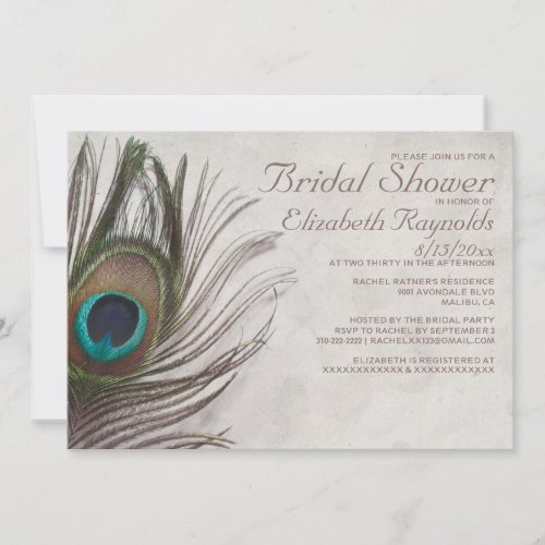 Vintage Peacock Feathers Bridal Shower Invitations